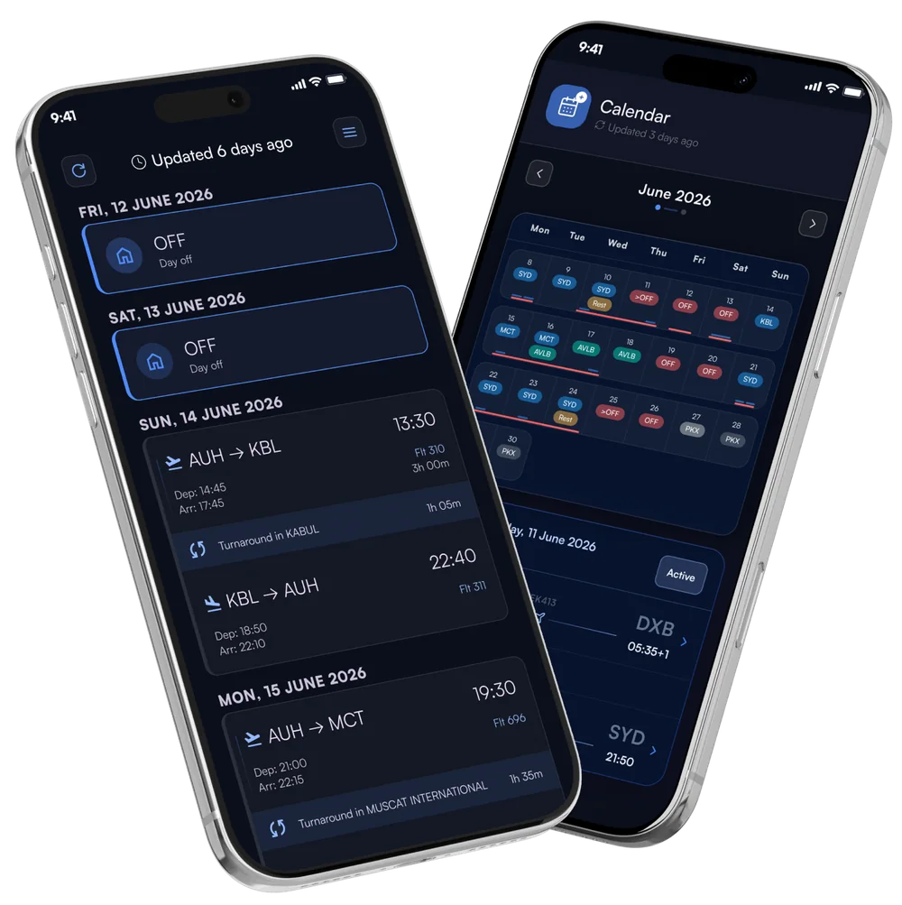 SkyCrew app screens showing friends, family and shared days off